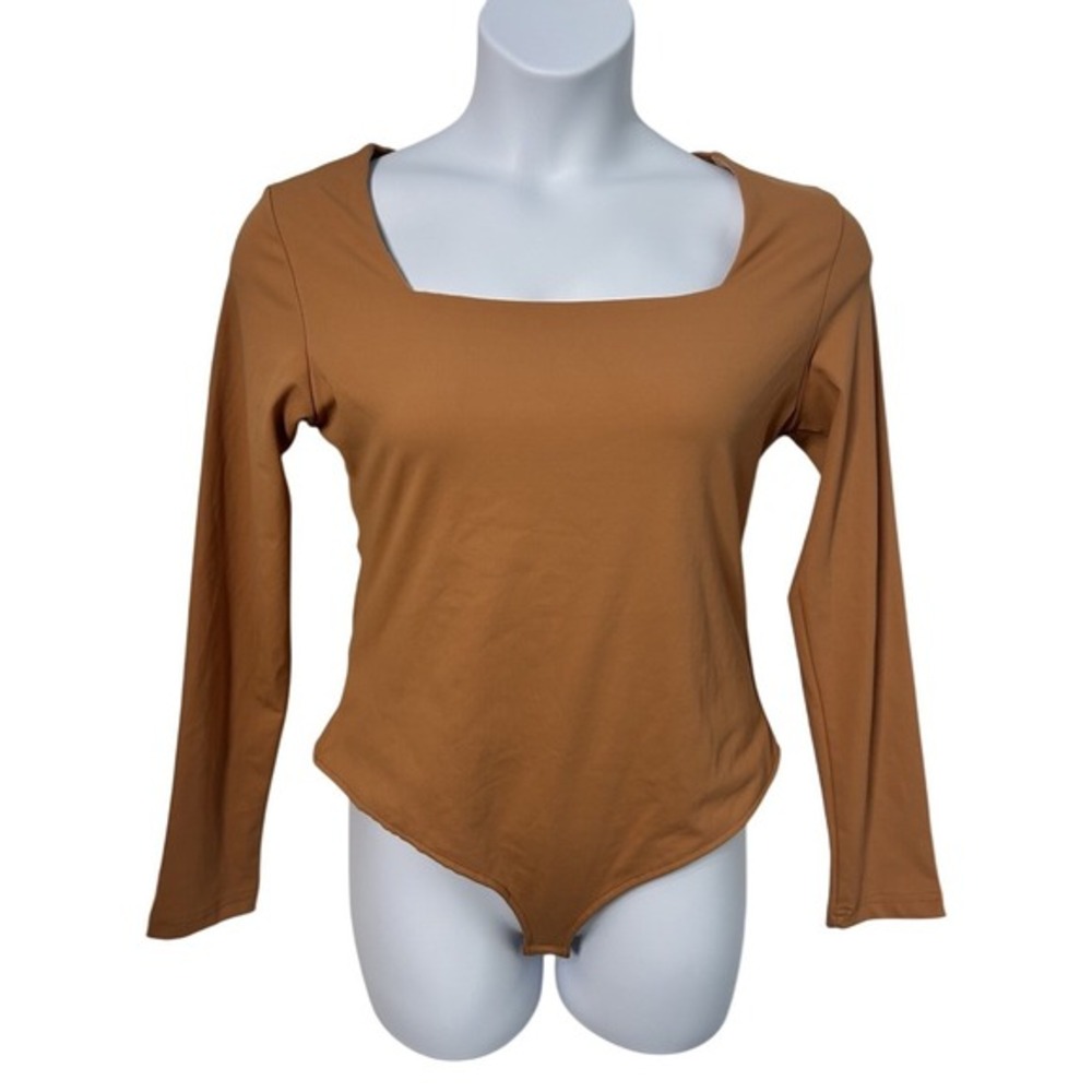 MANGOPOP Women XL Brown Square Neck Long Sleeve Snap Crotch Bodysuit Neutral - Picture 4 of 9